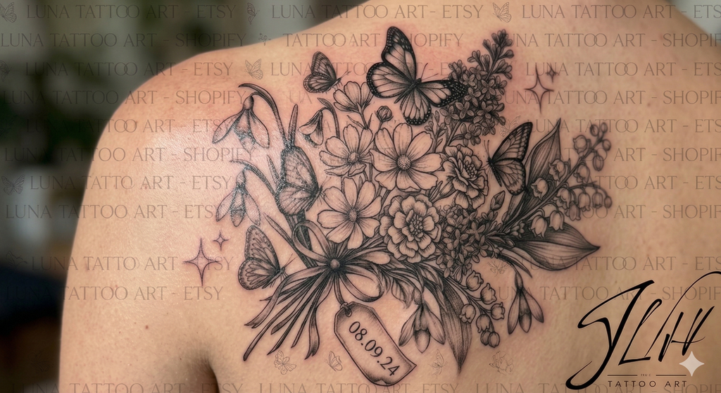Custom Birth Flower Bouquet Tattoo with Personalization | Digital Dowload