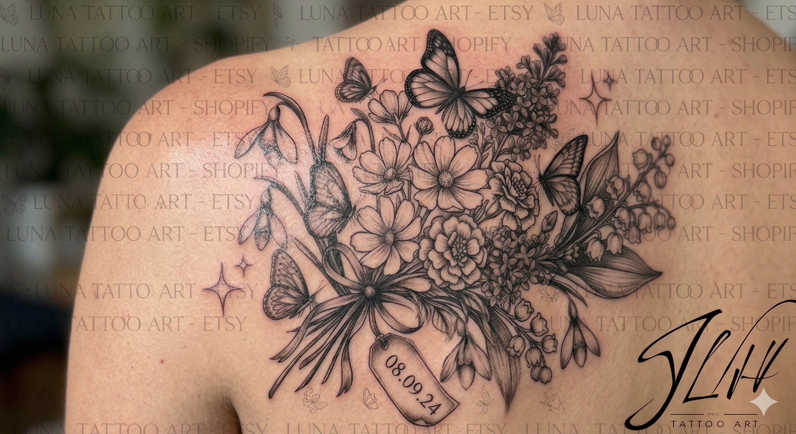 Custom Birth Flower Bouquet Tattoo with Personalization | Digital Dowload