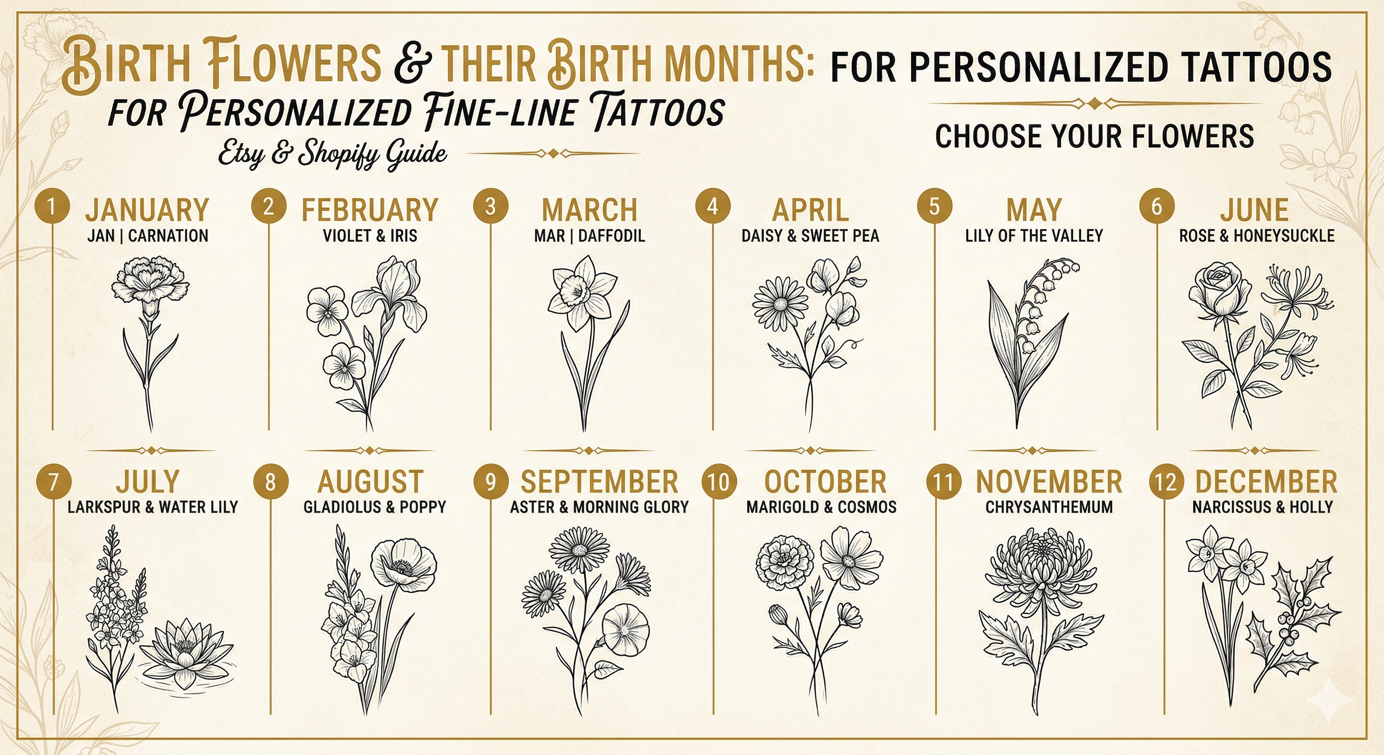 Custom Birth Flower Bouquet Tattoo with Personalization | Digital Dowload