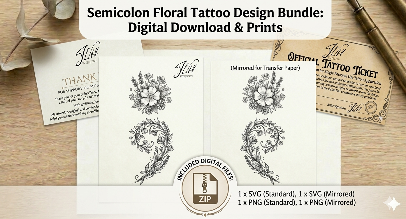 Detailed Floral Semicolon Tattoo Design | Mental Health Awareness | Digital Download