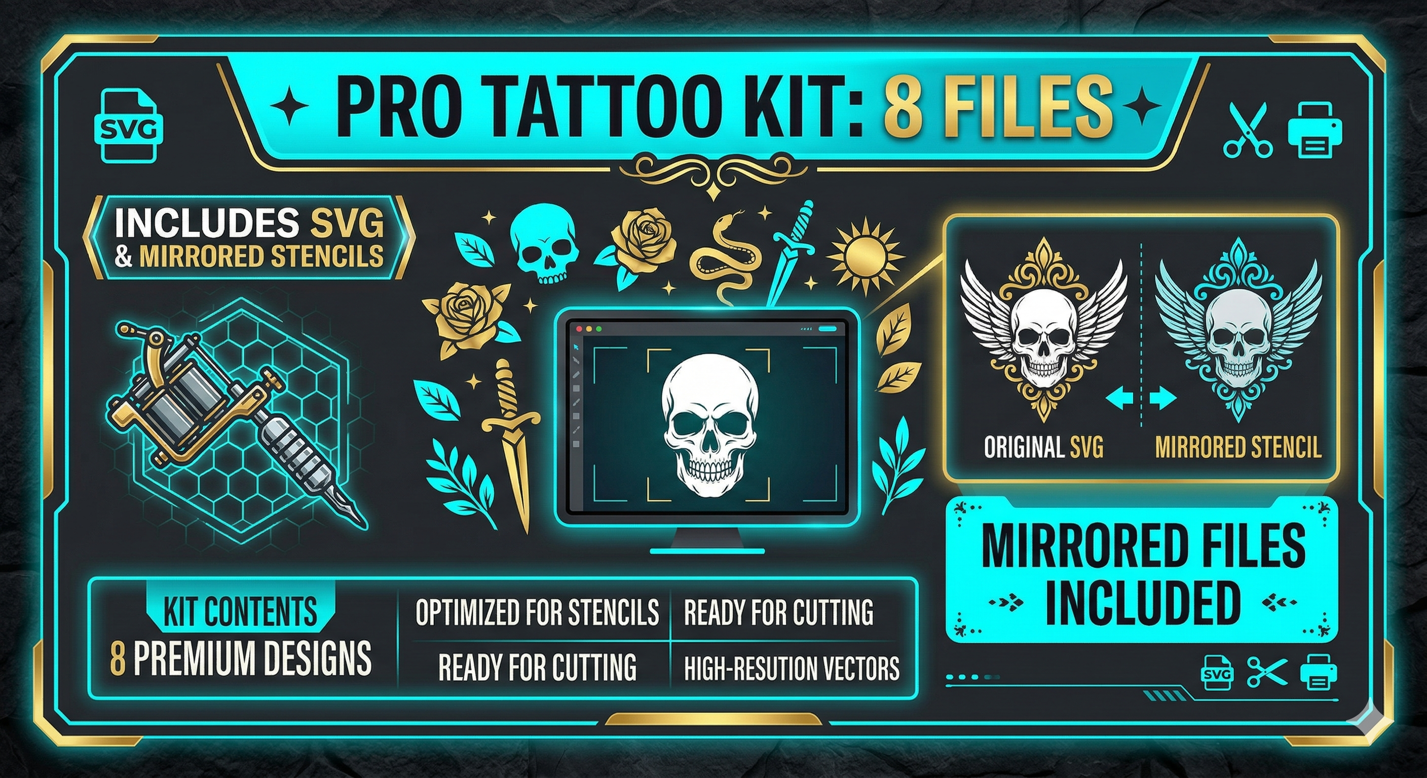 Floral Hummingbird Tattoo Design Pack - SVG, PNG & Mirrored Stencil Files