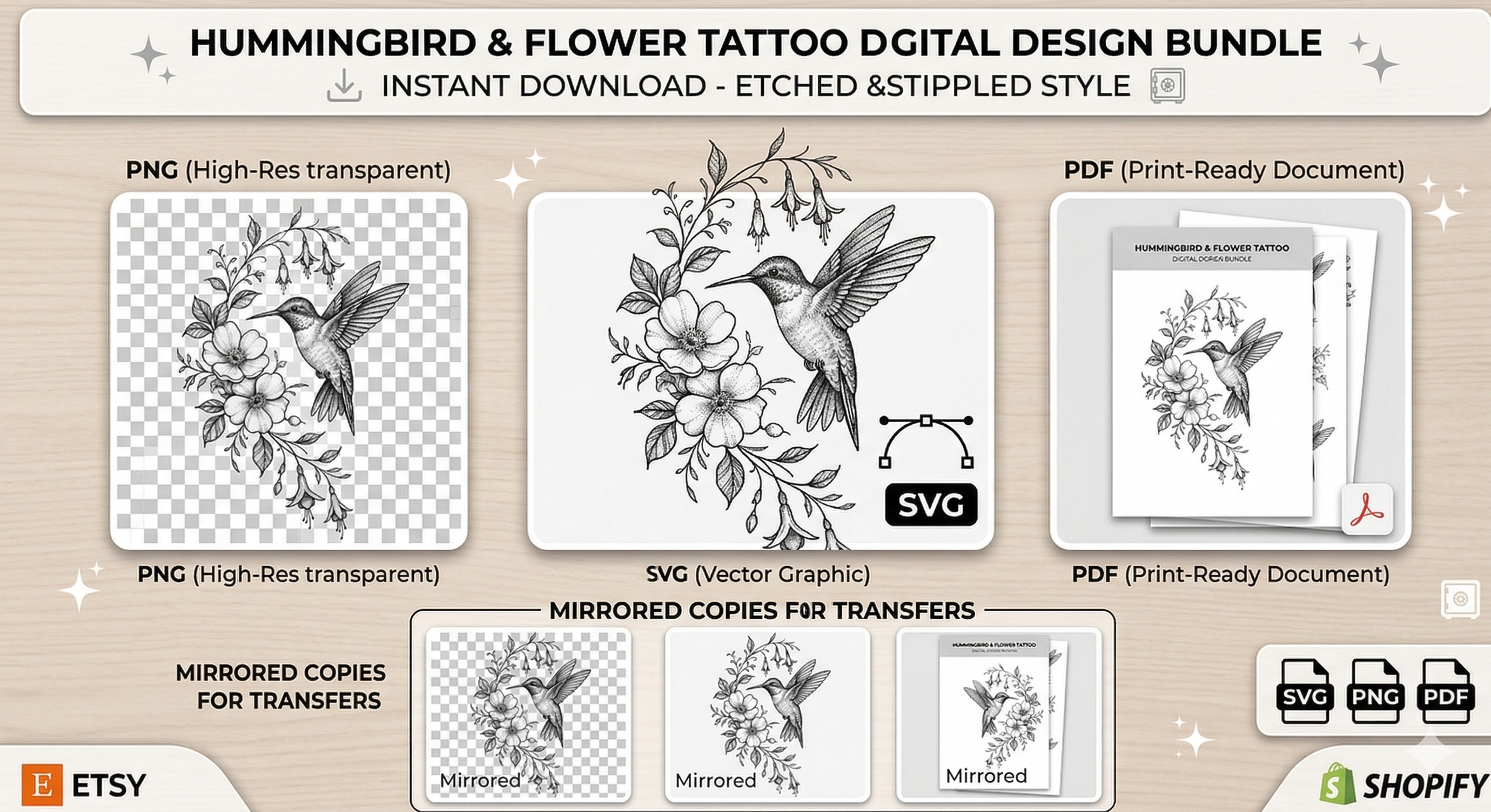 Floral Hummingbird Tattoo Design Pack - SVG, PNG & Mirrored Stencil Files
