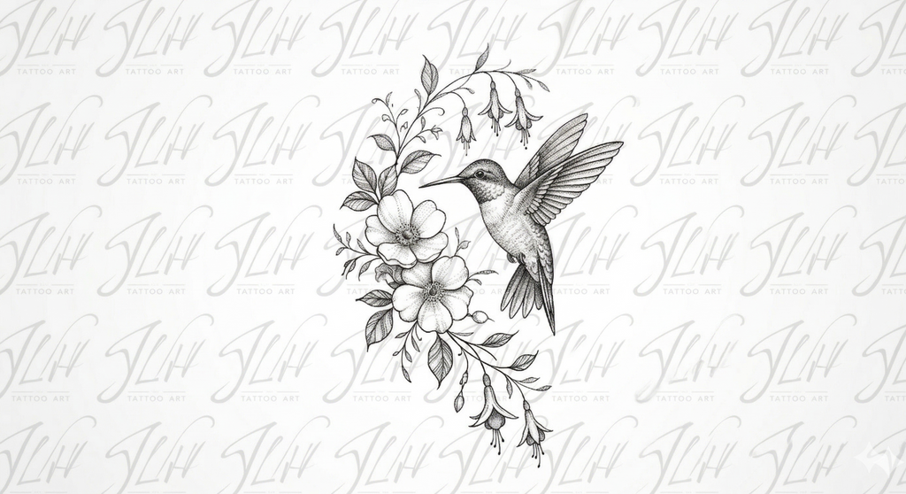 Floral Hummingbird Tattoo Design Pack - SVG, PNG & Mirrored Stencil Files