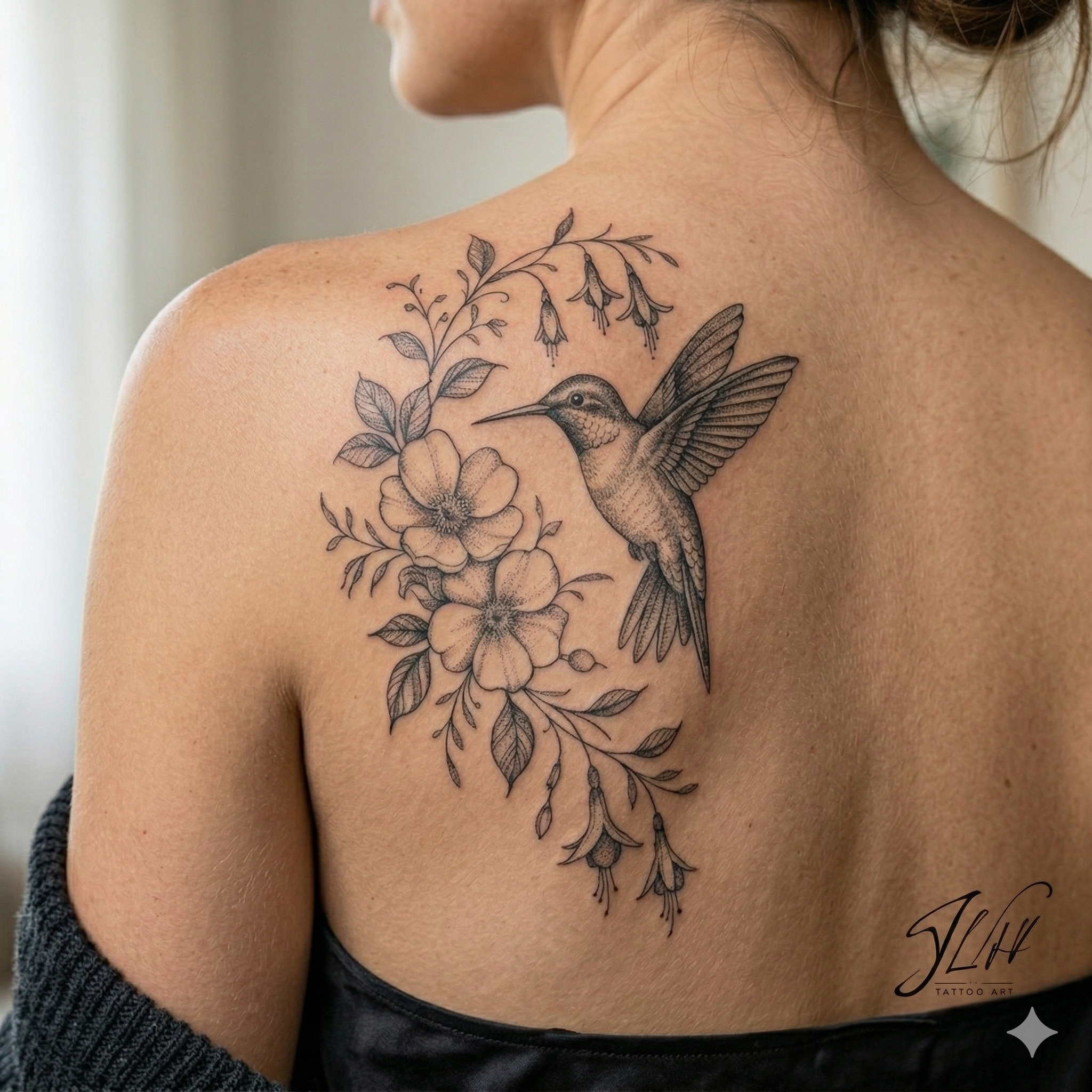 Floral Hummingbird Tattoo Design Pack - SVG, PNG & Mirrored Stencil Files