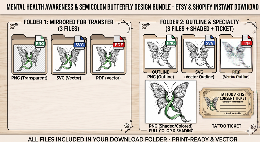 Bipolar Awareness Butterfly Tattoo Design - Green Ribbon & Semicolon Fine Line Art - Digital Download