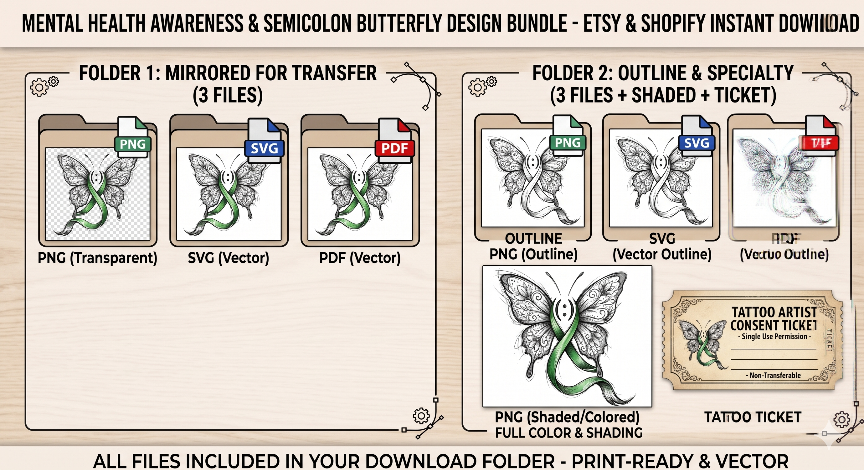 Bipolar Awareness Butterfly Tattoo Design - Green Ribbon & Semicolon Fine Line Art - Digital Download