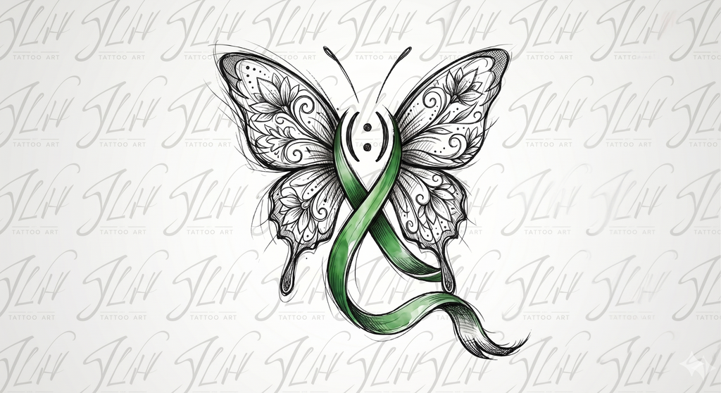 Bipolar Awareness Butterfly Tattoo Design - Green Ribbon & Semicolon Fine Line Art - Digital Download