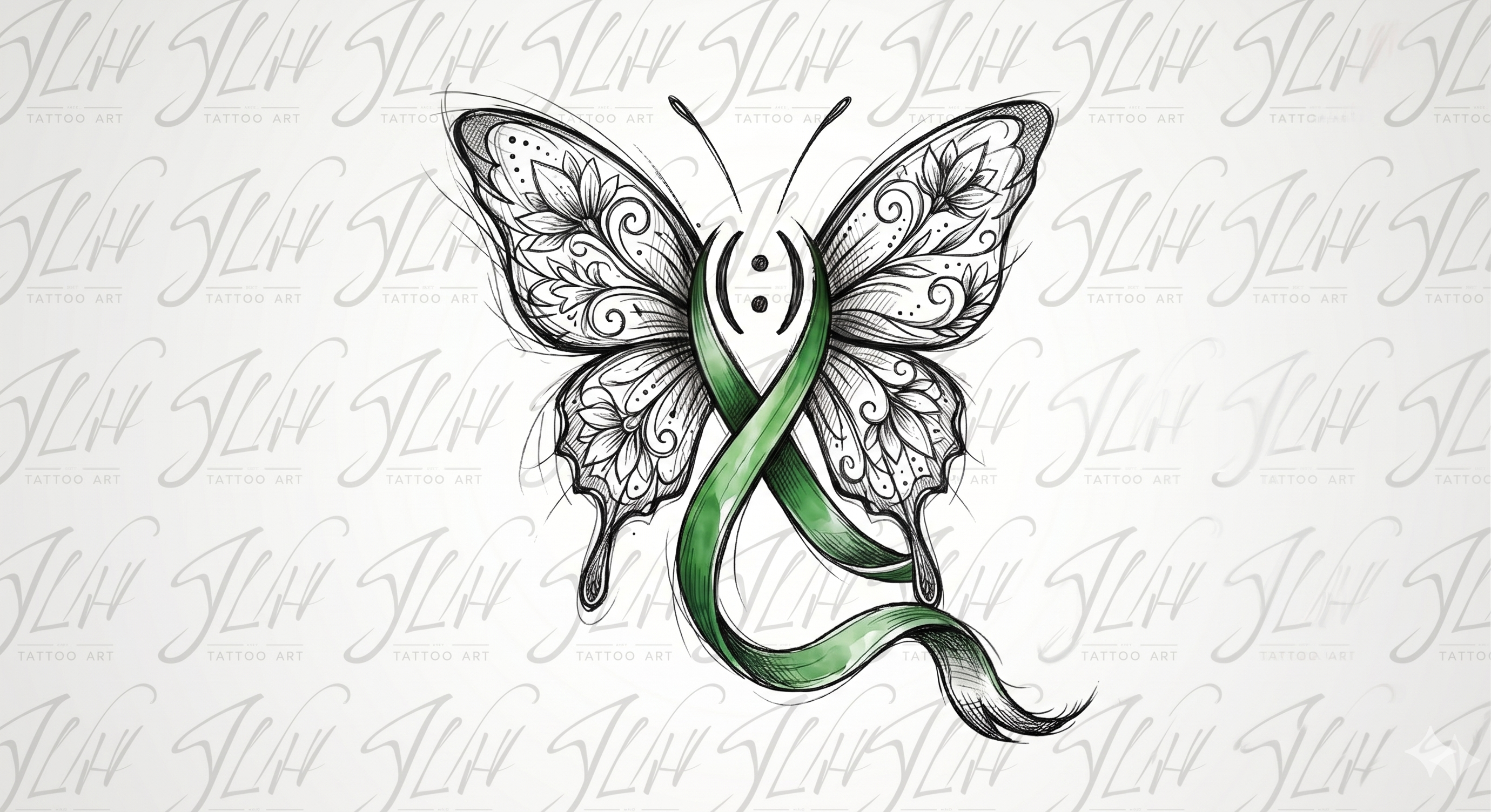 Bipolar Awareness Butterfly Tattoo Design - Green Ribbon & Semicolon Fine Line Art - Digital Download