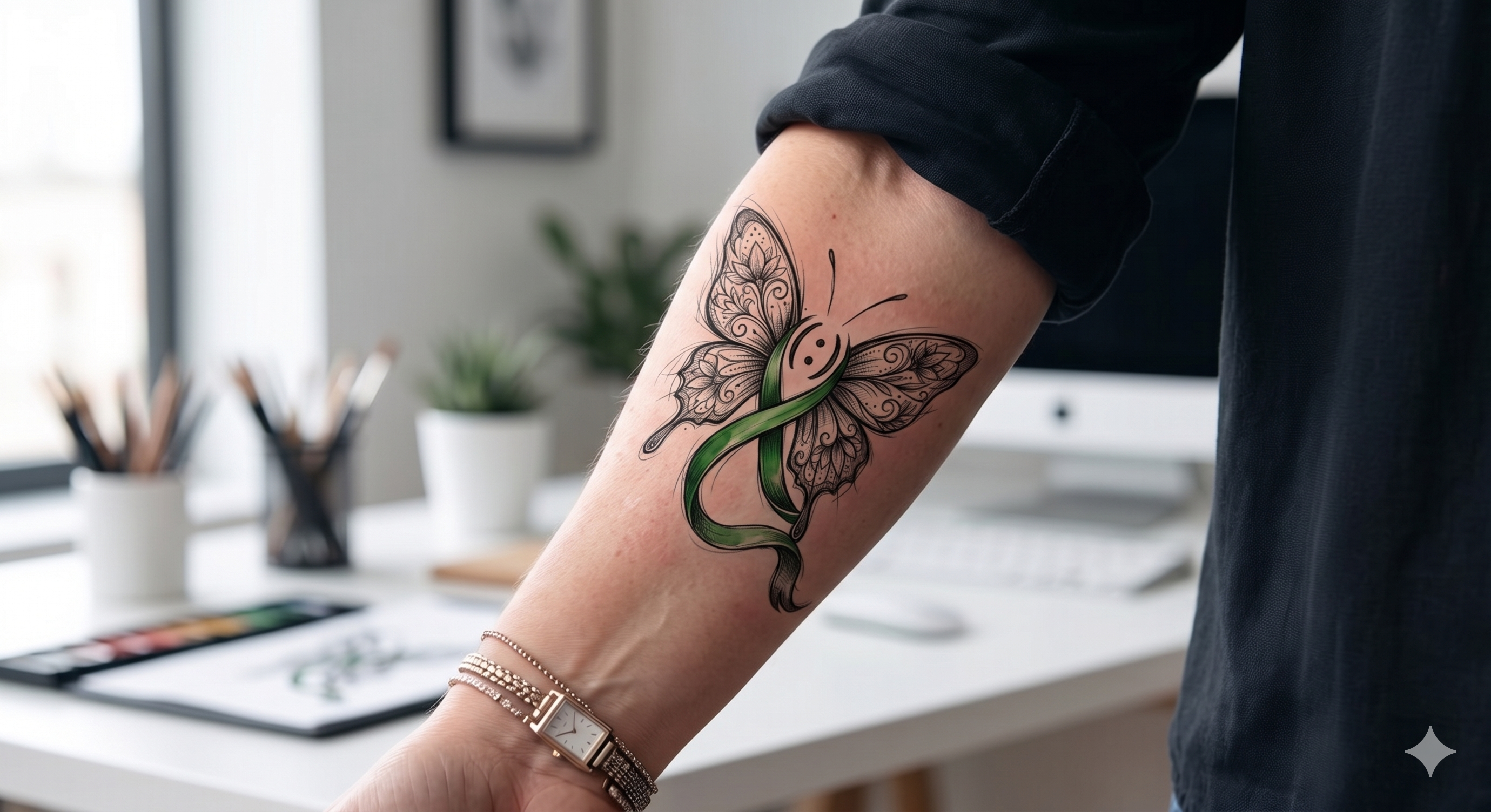 Bipolar Awareness Butterfly Tattoo Design - Green Ribbon & Semicolon Fine Line Art - Digital Download