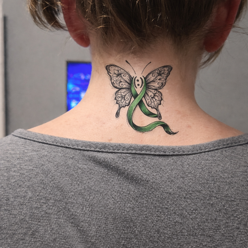 Bipolar Awareness Butterfly Tattoo Design - Green Ribbon & Semicolon Fine Line Art - Digital Download