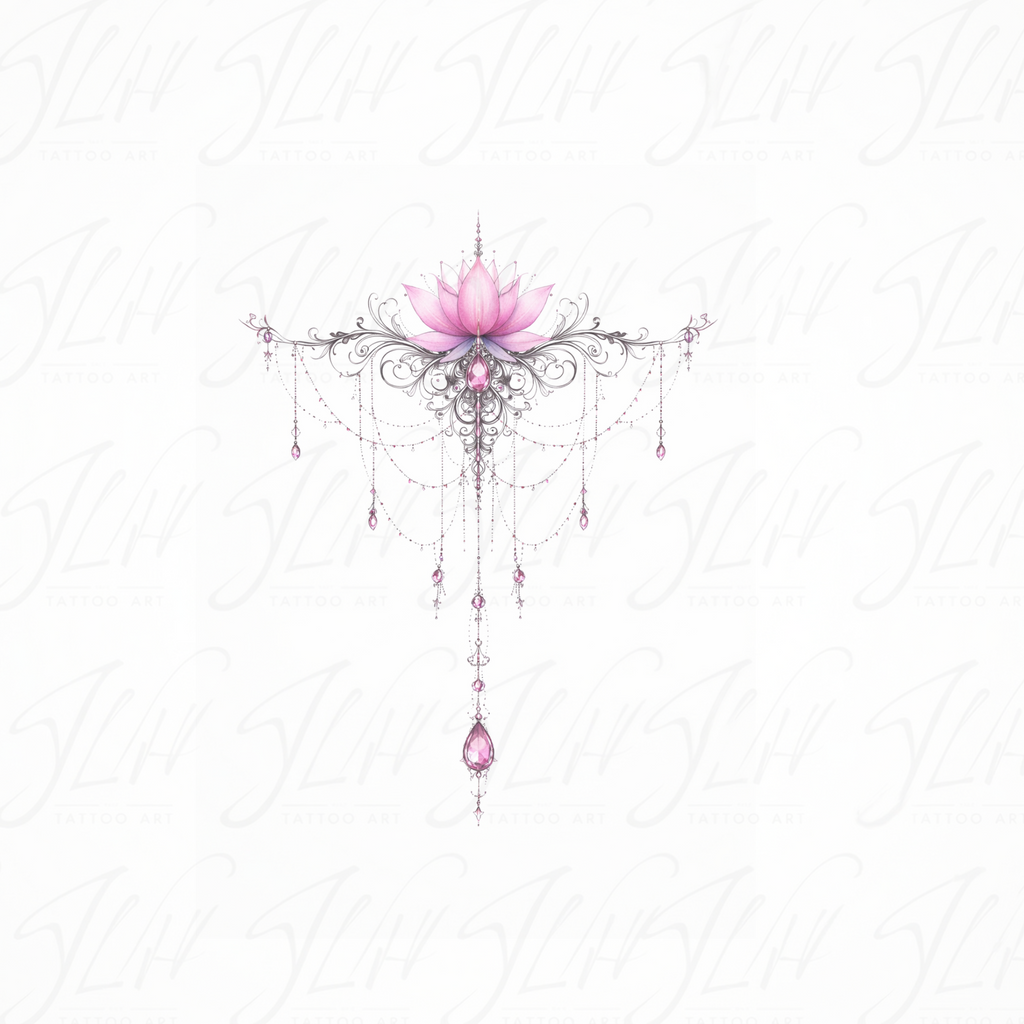 Ornamental Lotus Tattoo Design - Fine Line Pink Floral Chandelier Sternum Tattoo - Digital Download Tattoo Stencil