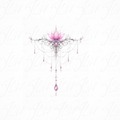 Ornamental Lotus Tattoo Design - Fine Line Pink Floral Chandelier Sternum Tattoo - Digital Download Tattoo Stencil