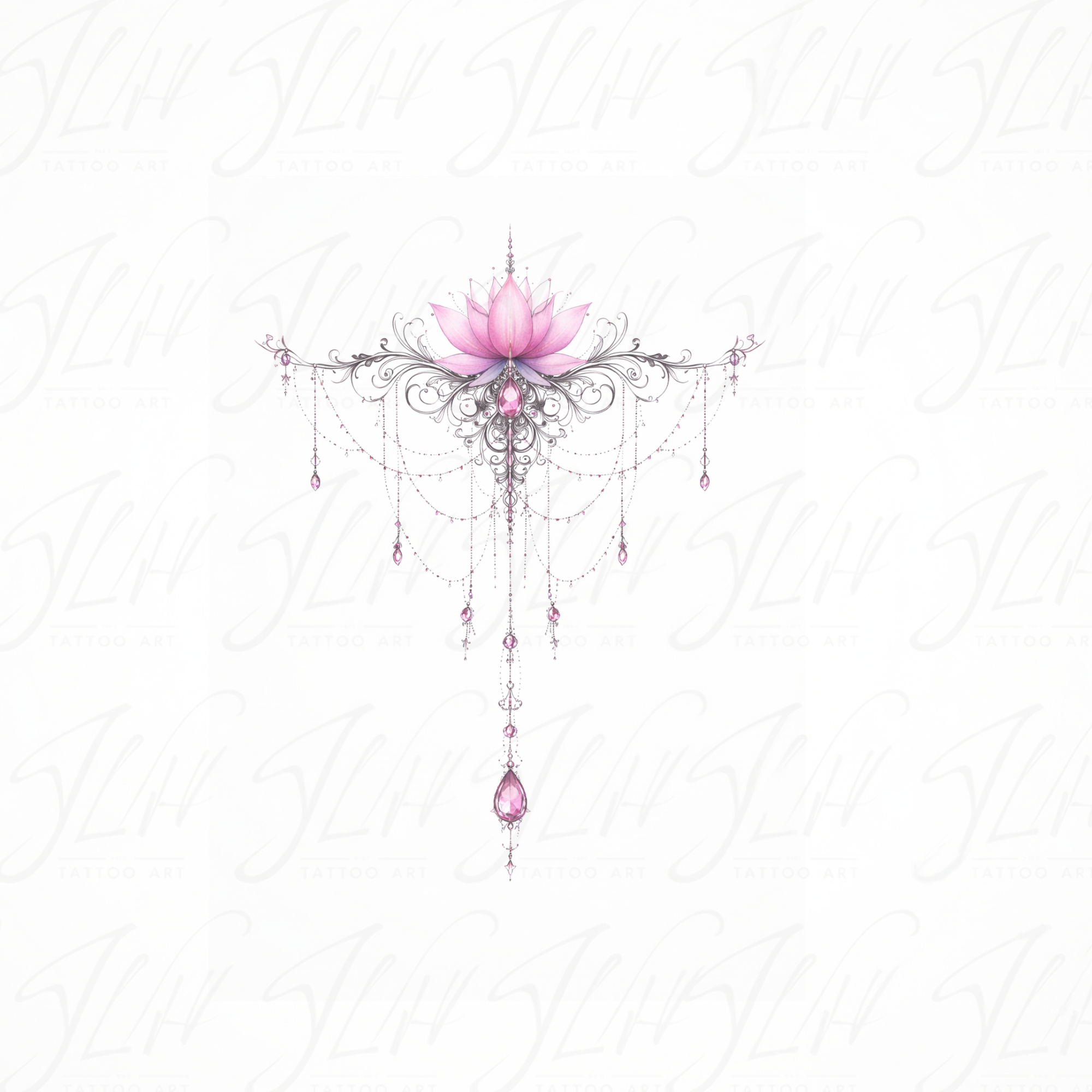 Ornamental Lotus Tattoo Design - Fine Line Pink Floral Chandelier Sternum Tattoo - Digital Download Tattoo Stencil