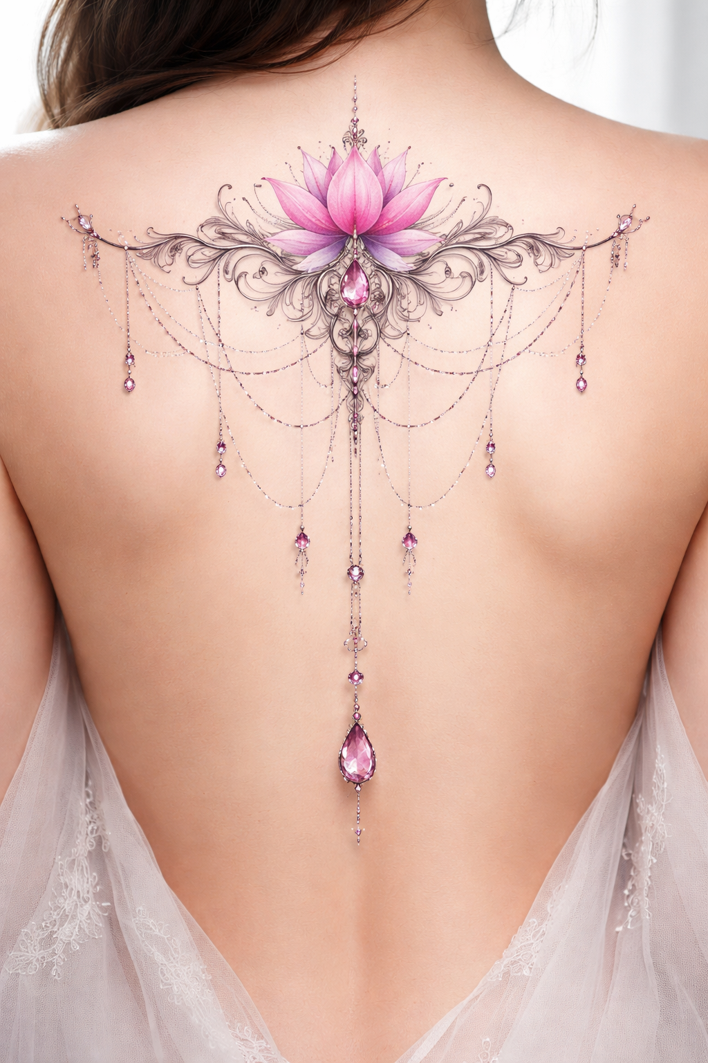 Ornamental Lotus Tattoo Design - Fine Line Pink Floral Chandelier Sternum Tattoo - Digital Download Tattoo Stencil