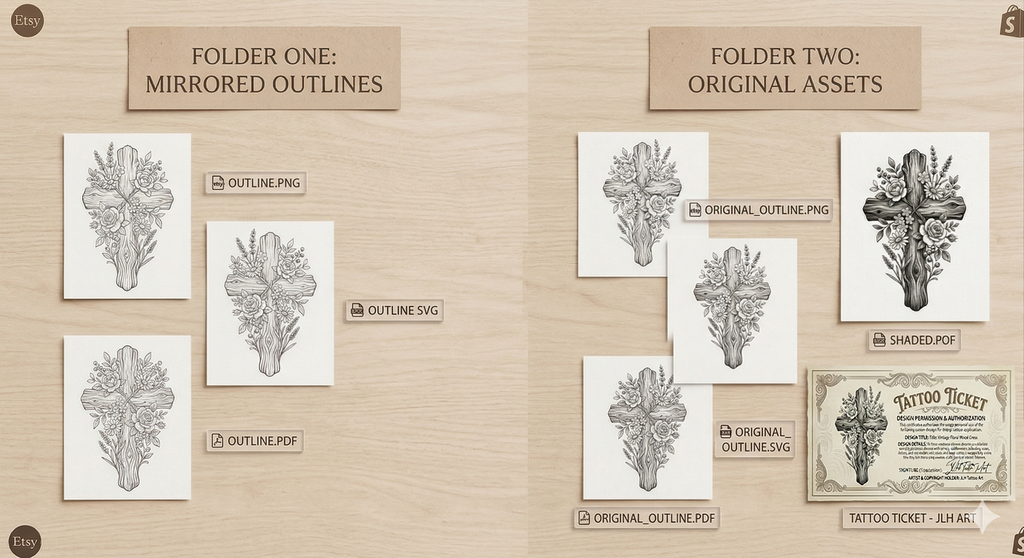 Rustic Floral Wood Cross Tattoo Design | Stencil & Shaded Reference Pack
