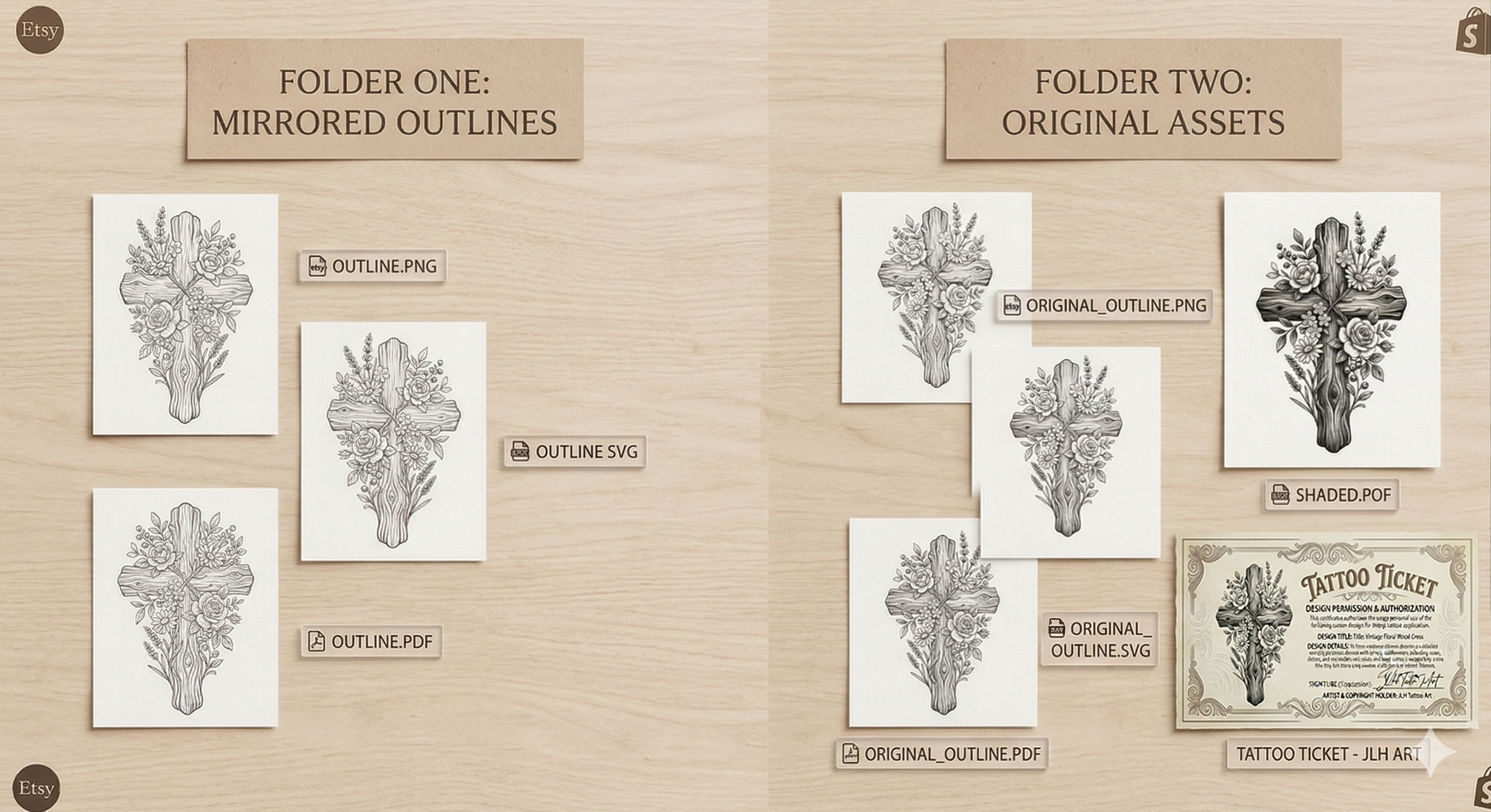Rustic Floral Wood Cross Tattoo Design | Stencil & Shaded Reference Pack