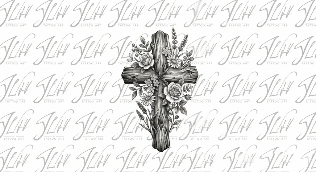 Rustic Floral Wood Cross Tattoo Design | Stencil & Shaded Reference Pack
