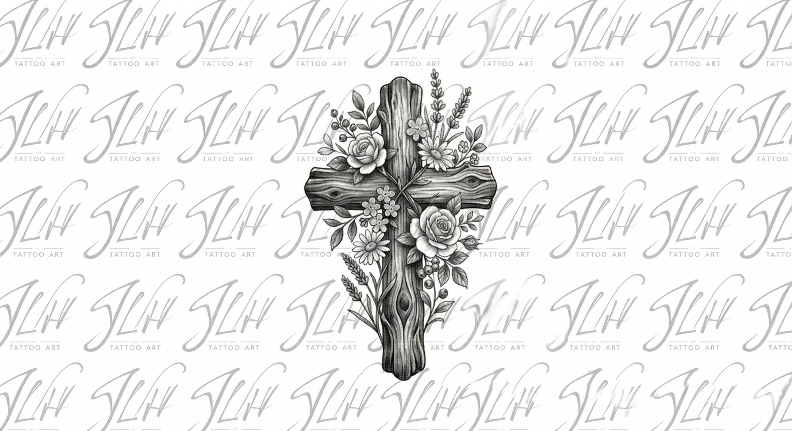 Rustic Floral Wood Cross Tattoo Design | Stencil & Shaded Reference Pack