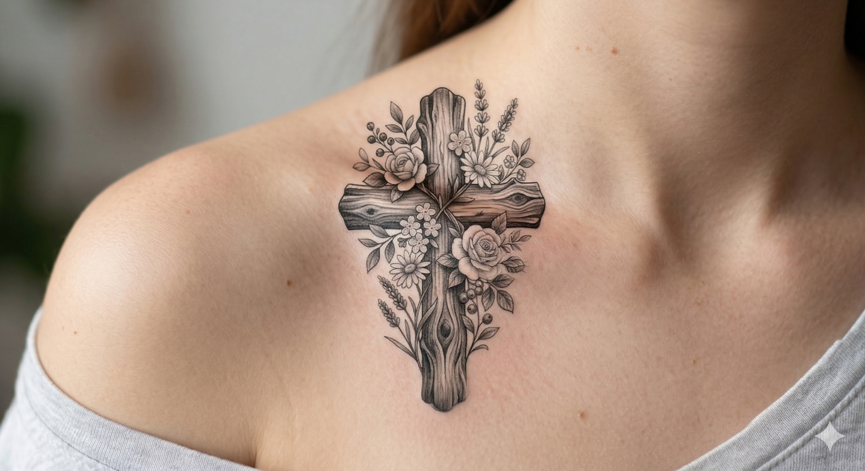 Rustic Floral Wood Cross Tattoo Design | Stencil & Shaded Reference Pack