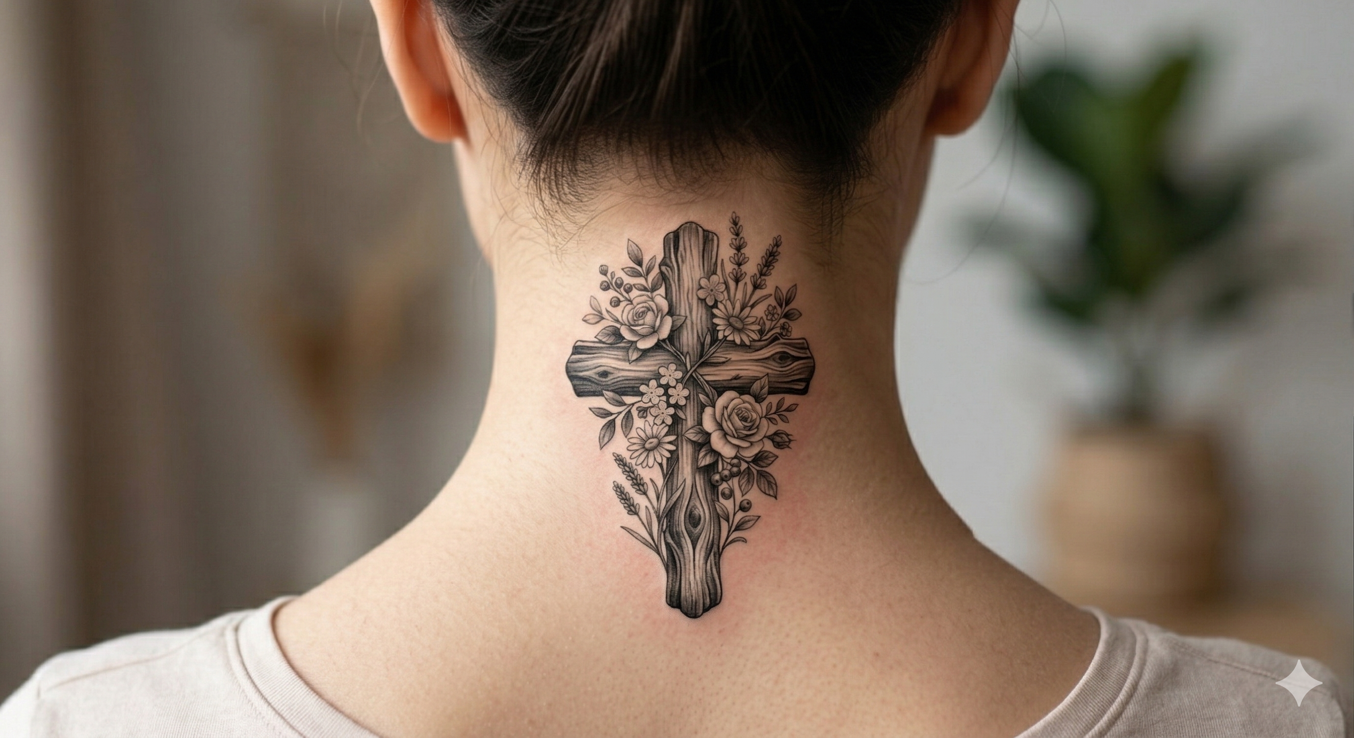 Rustic Floral Wood Cross Tattoo Design | Stencil & Shaded Reference Pack