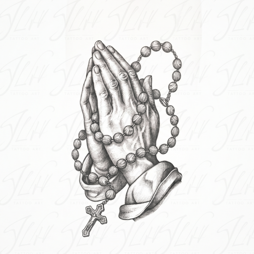 Praying Hands with Rosary Tattoo Design – High-Detail Shaded Blackwork