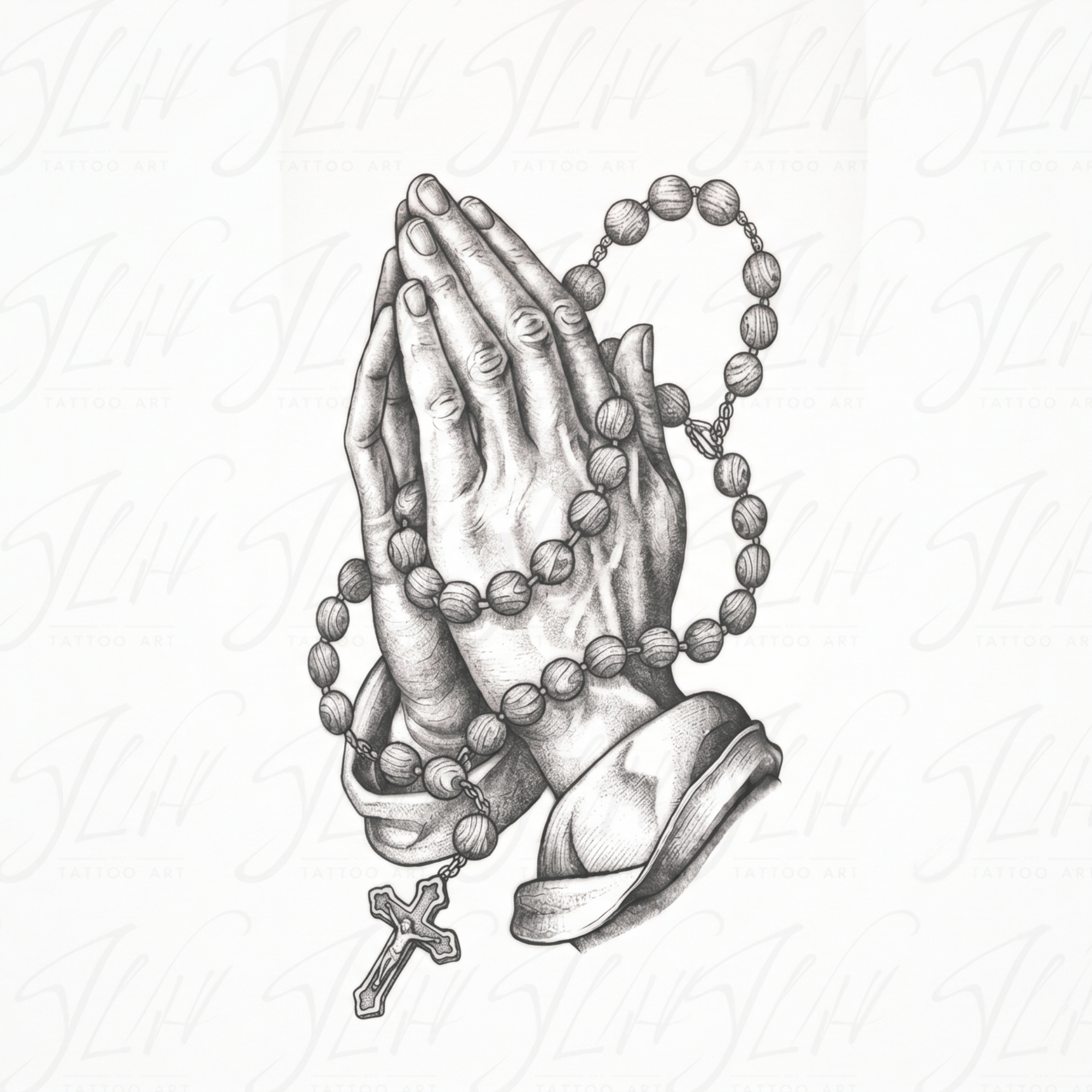 Praying Hands with Rosary Tattoo Design – High-Detail Shaded Blackwork