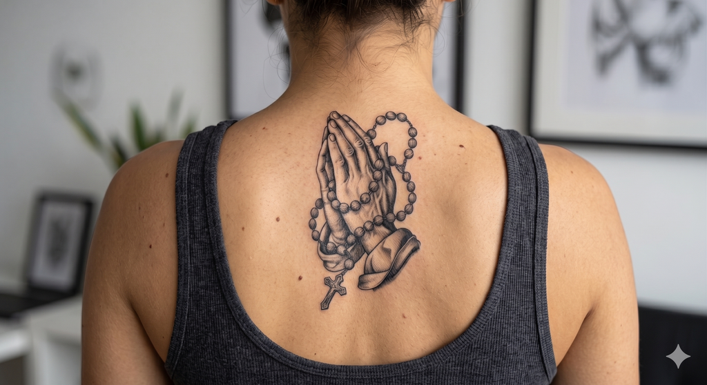 Praying Hands with Rosary Tattoo Design – High-Detail Shaded Blackwork