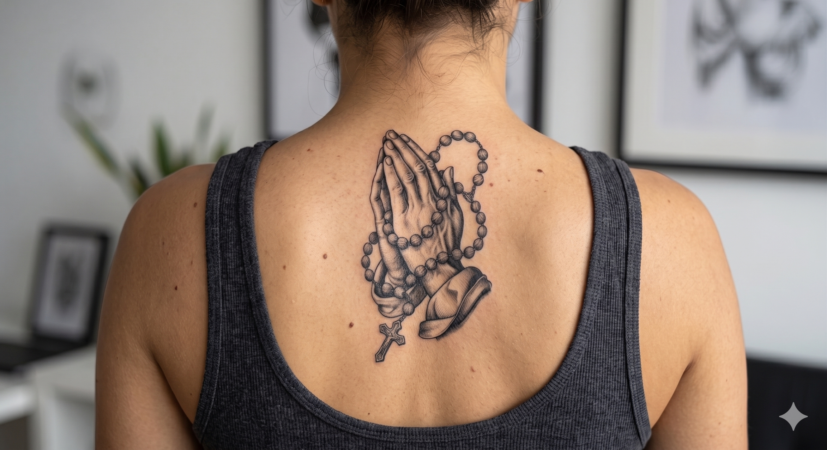 Praying Hands with Rosary Tattoo Design – High-Detail Shaded Blackwork