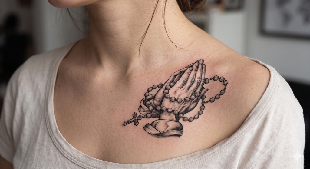 Praying Hands with Rosary Tattoo Design – High-Detail Shaded Blackwork