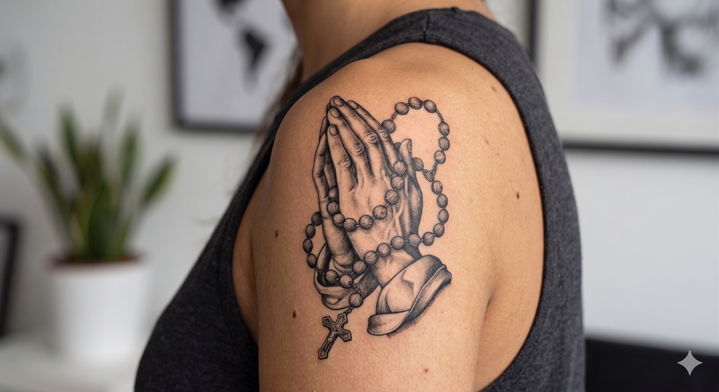 Praying Hands with Rosary Tattoo Design – High-Detail Shaded Blackwork