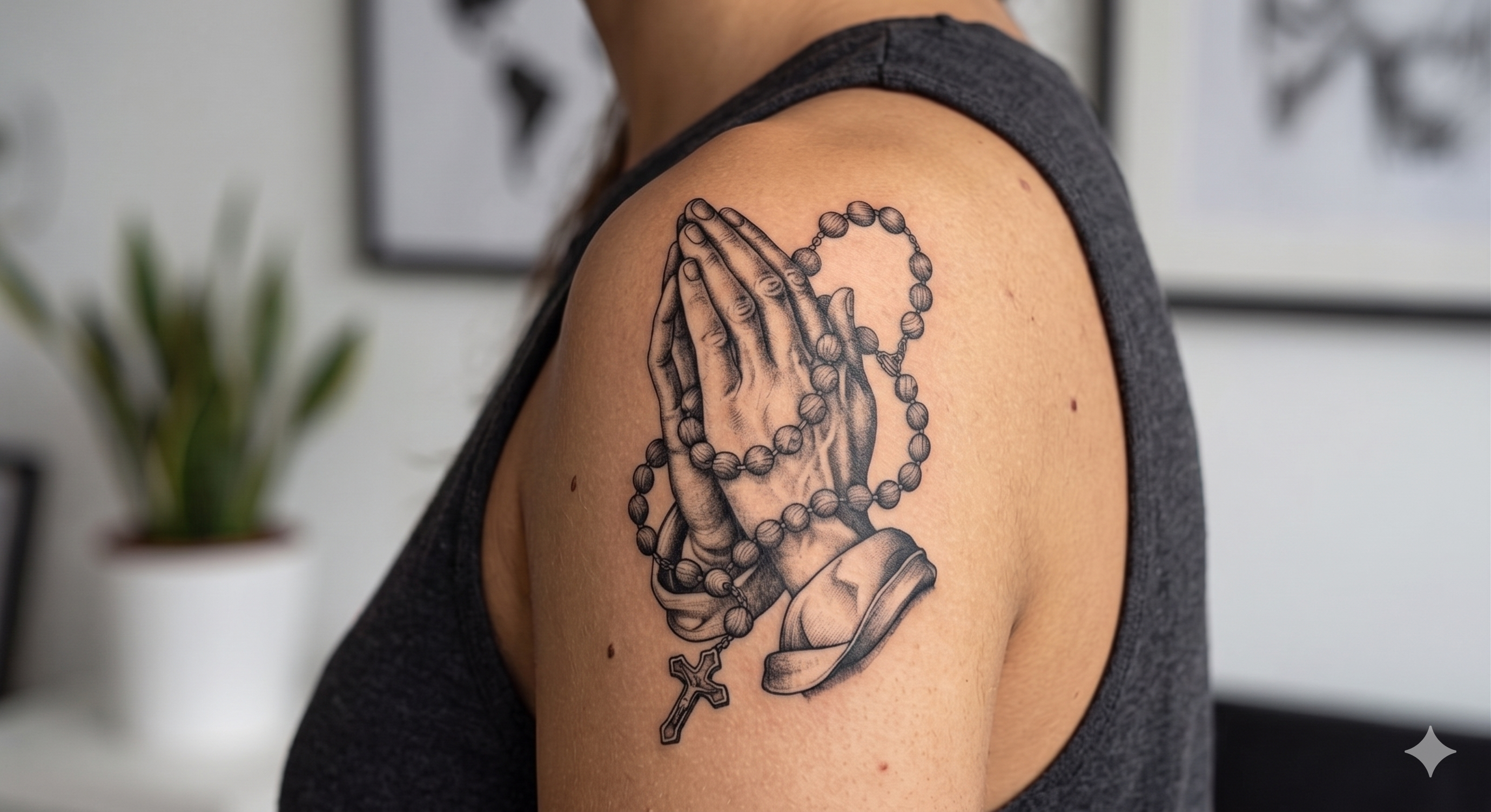 Praying Hands with Rosary Tattoo Design – High-Detail Shaded Blackwork