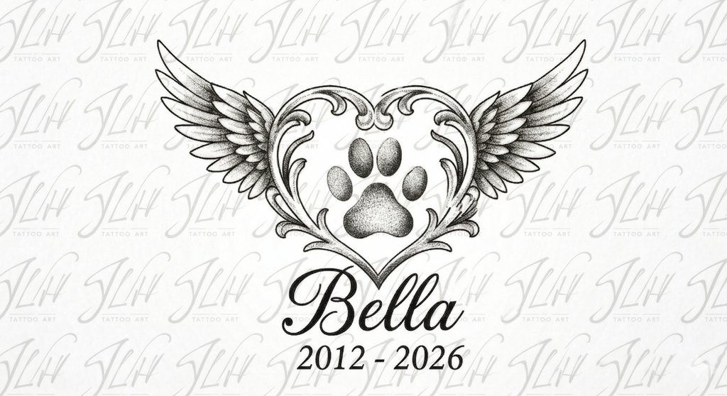 Personalized Bella Memorial Tattoo - Custom Name & Dates - Minimalist Wings & Paw Print Line Art