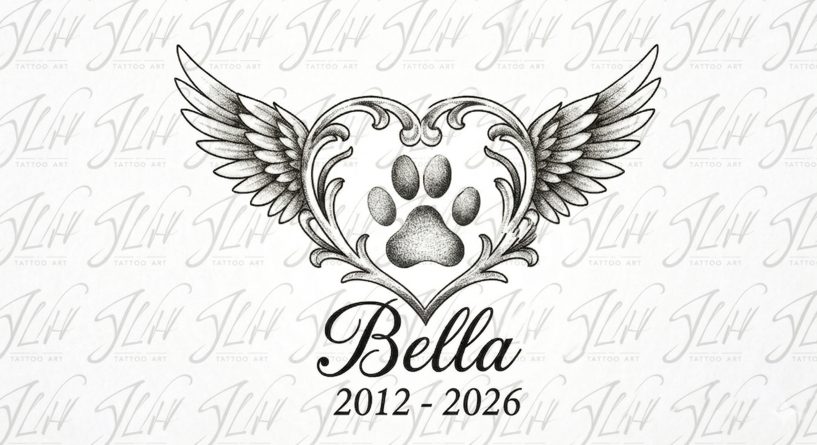 Personalized Bella Memorial Tattoo - Custom Name & Dates - Minimalist Wings & Paw Print Line Art