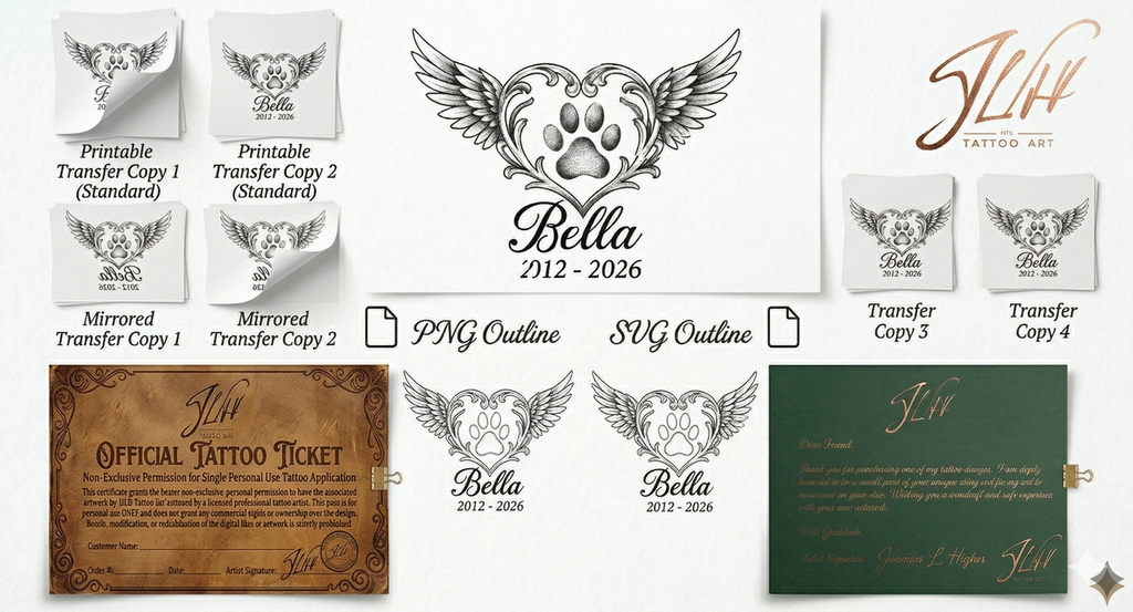 Personalized Bella Memorial Tattoo - Custom Name & Dates - Minimalist Wings & Paw Print Line Art