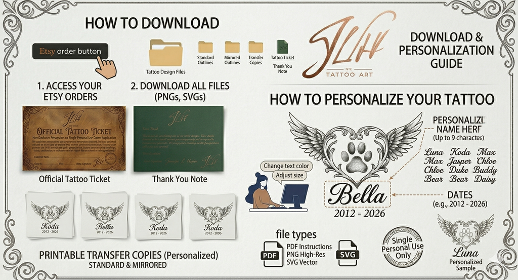 Personalized Bella Memorial Tattoo - Custom Name & Dates - Minimalist Wings & Paw Print Line Art