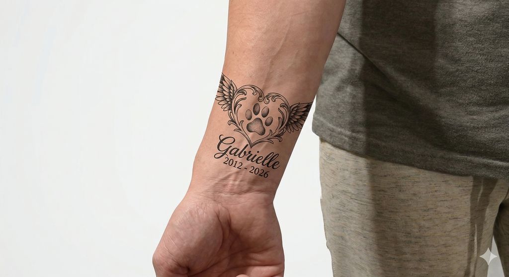 Personalized Bella Memorial Tattoo - Custom Name & Dates - Minimalist Wings & Paw Print Line Art