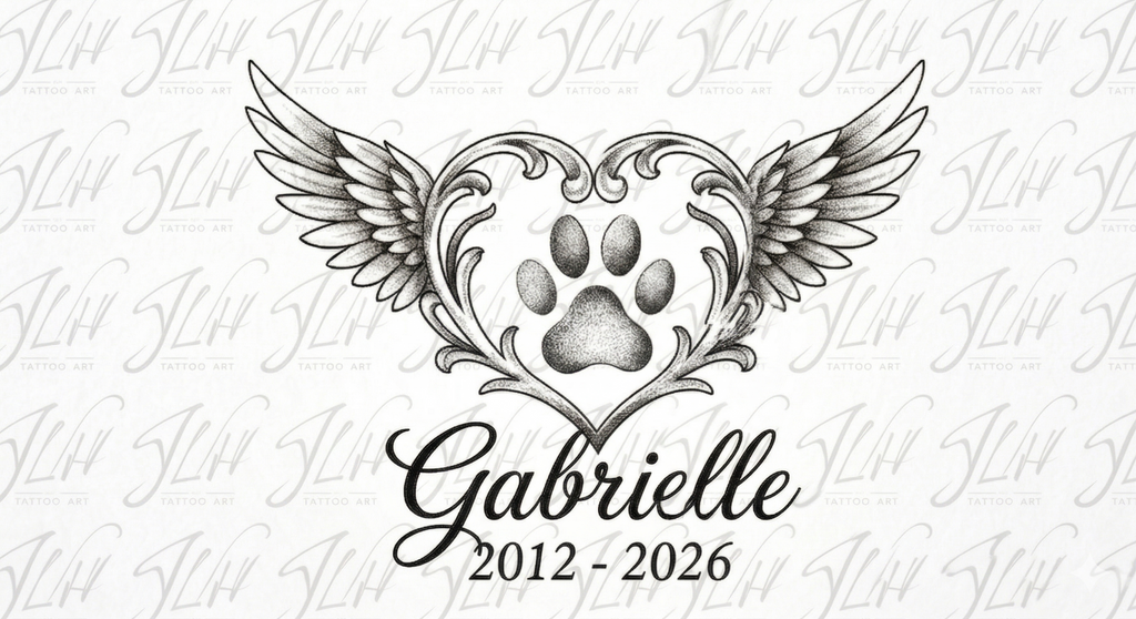 Personalized Bella Memorial Tattoo - Custom Name & Dates - Minimalist Wings & Paw Print Line Art