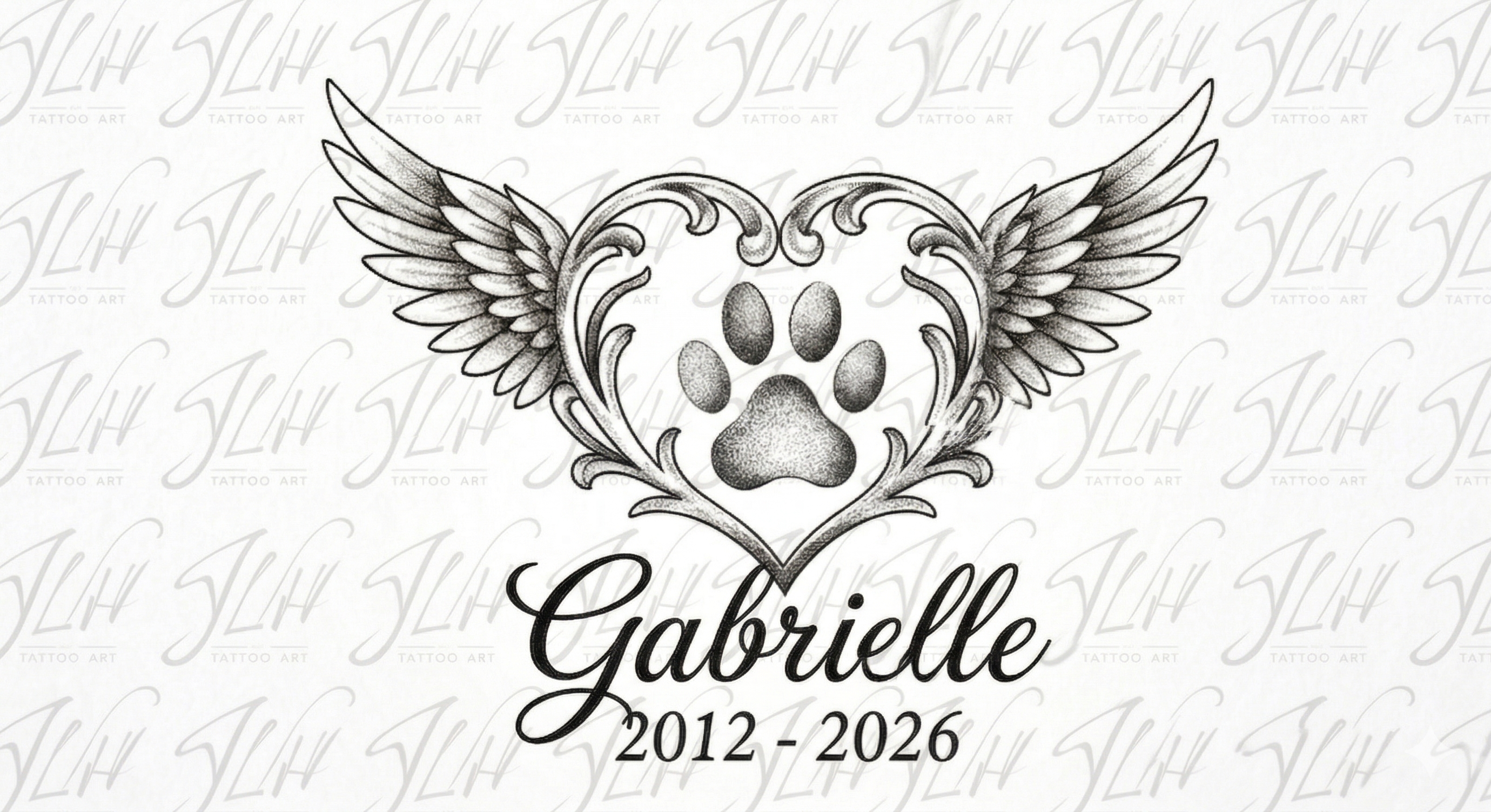 Personalized Bella Memorial Tattoo - Custom Name & Dates - Minimalist Wings & Paw Print Line Art