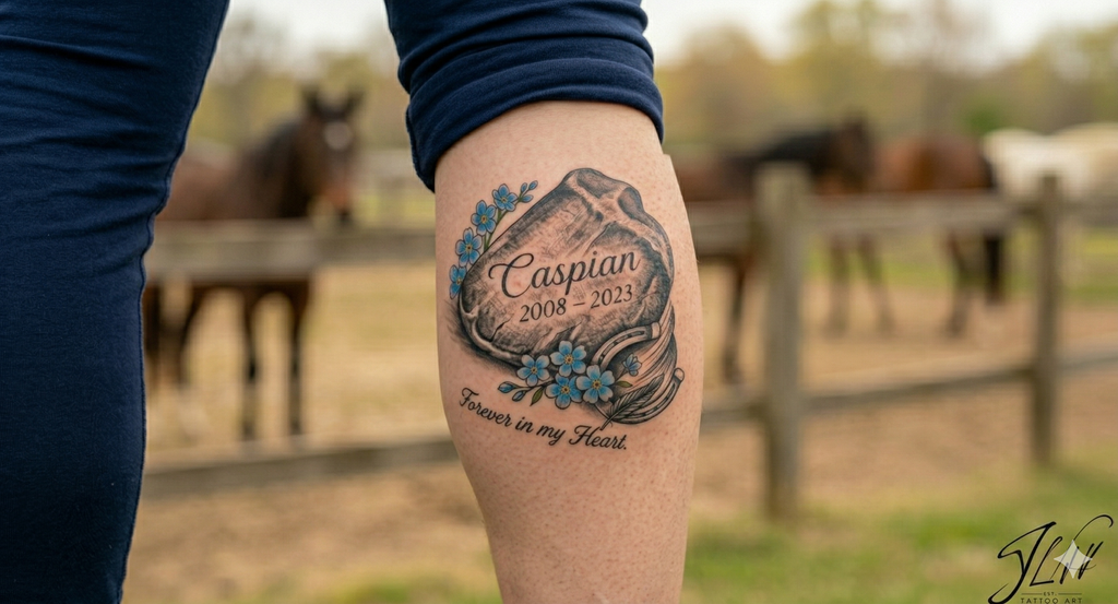 Custom Horse Memorial Tattoo Design | Personalized Horseshoe & Hoof Print Art | Digital SVG & PNG for Tattoo or Cricut