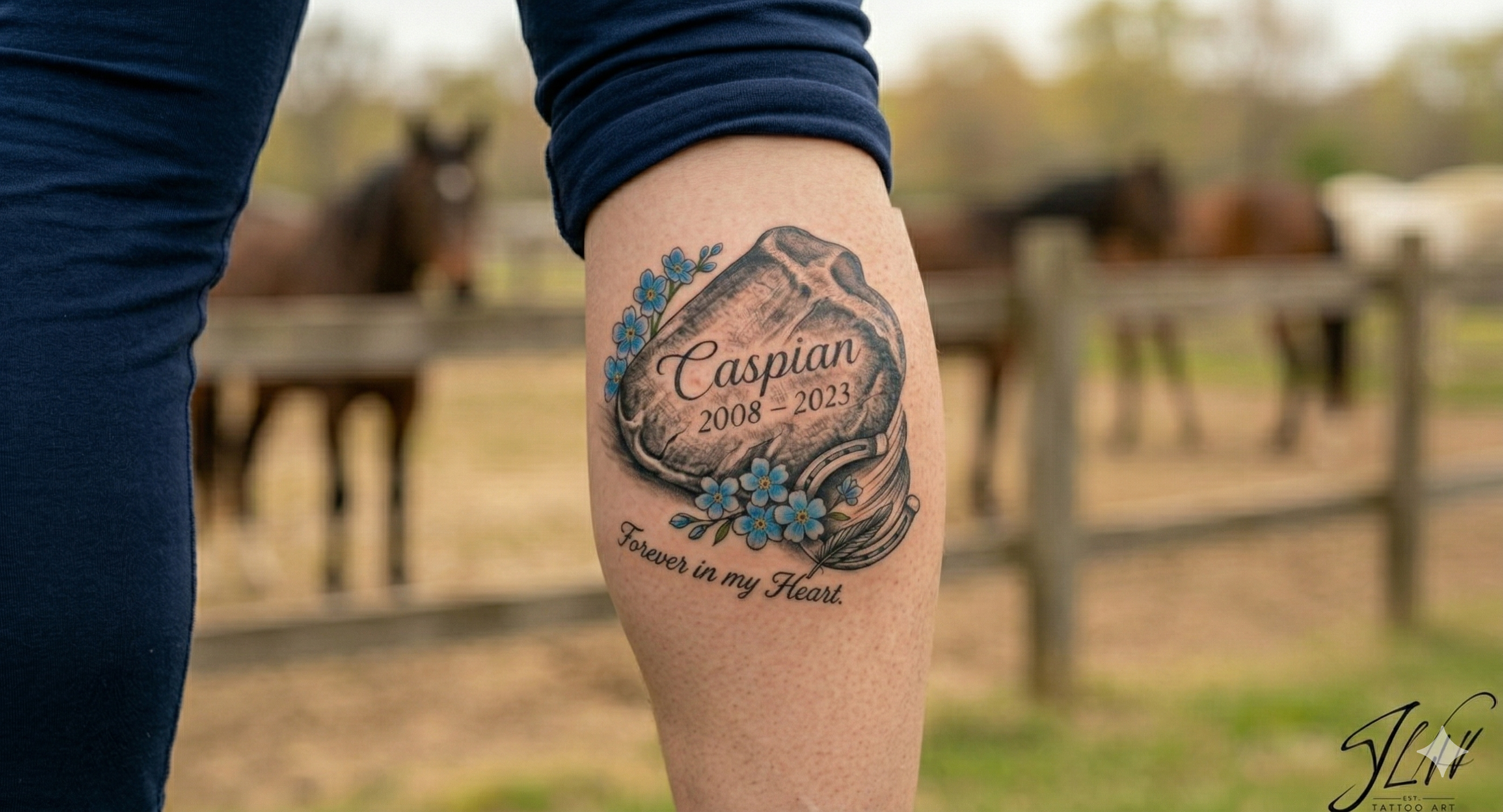 Custom Horse Memorial Tattoo Design | Personalized Horseshoe & Hoof Print Art | Digital SVG & PNG for Tattoo or Cricut