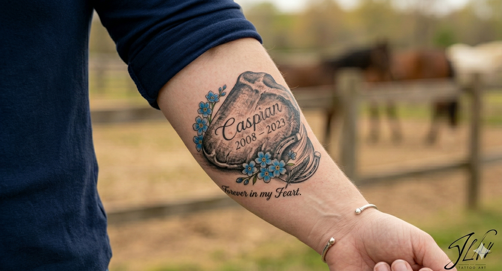 Custom Horse Memorial Tattoo Design | Personalized Horseshoe & Hoof Print Art | Digital SVG & PNG for Tattoo or Cricut