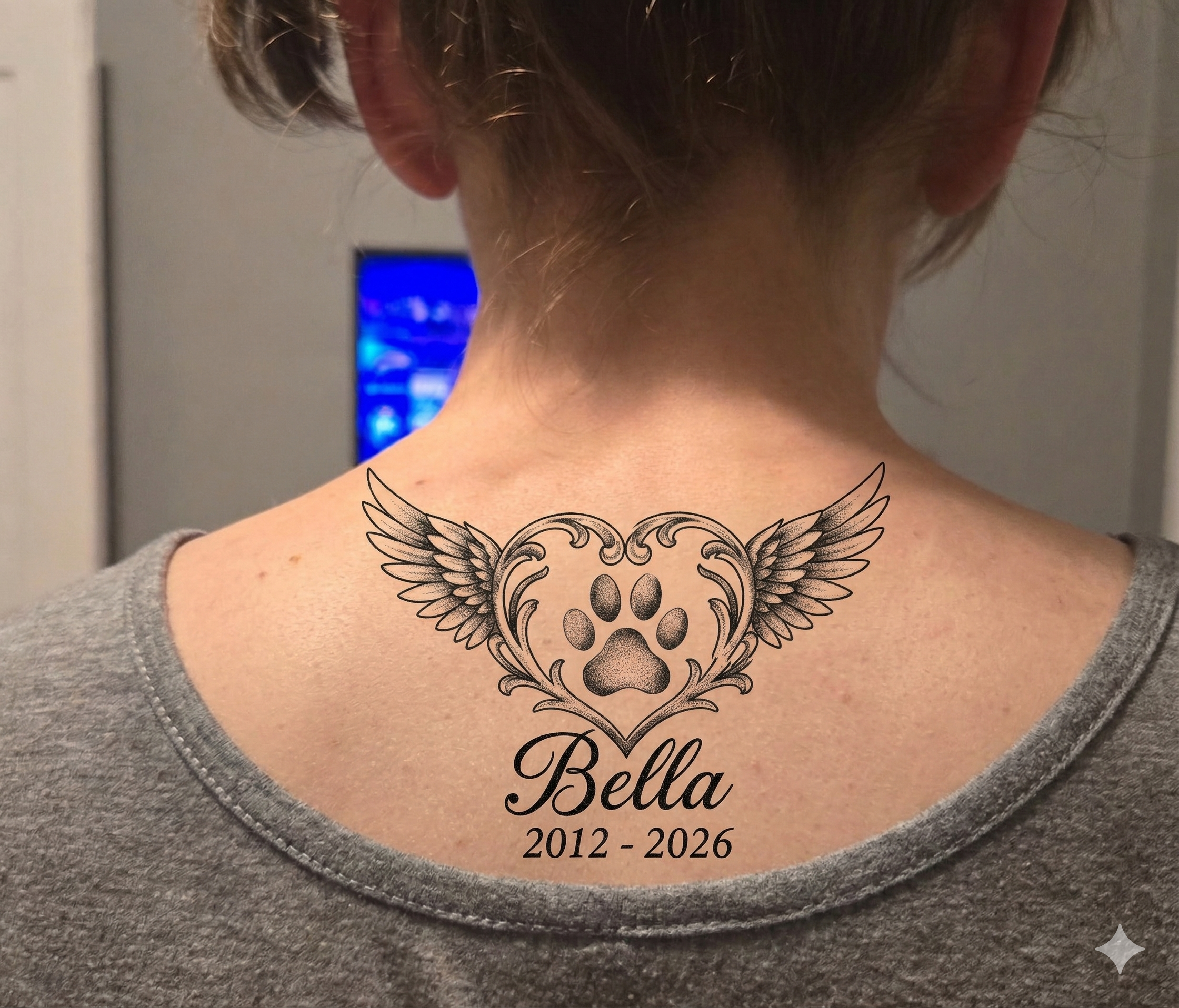 Personalized Bella Memorial Tattoo - Custom Name & Dates - Minimalist Wings & Paw Print Line Art
