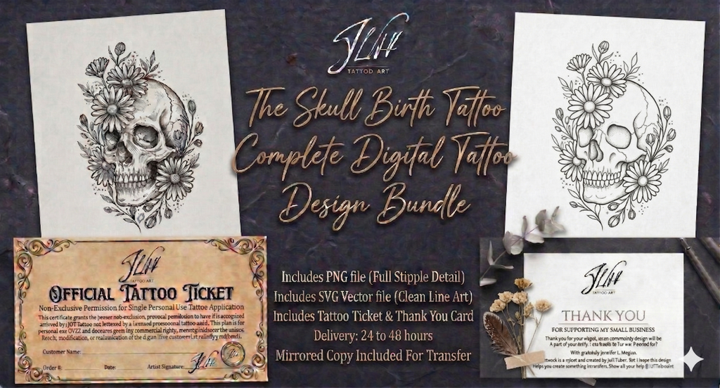 Skull Birth Flowers Tattoo | Digital Download | Personalized Skull Tattoo | Unique Skull Floral Tattoo