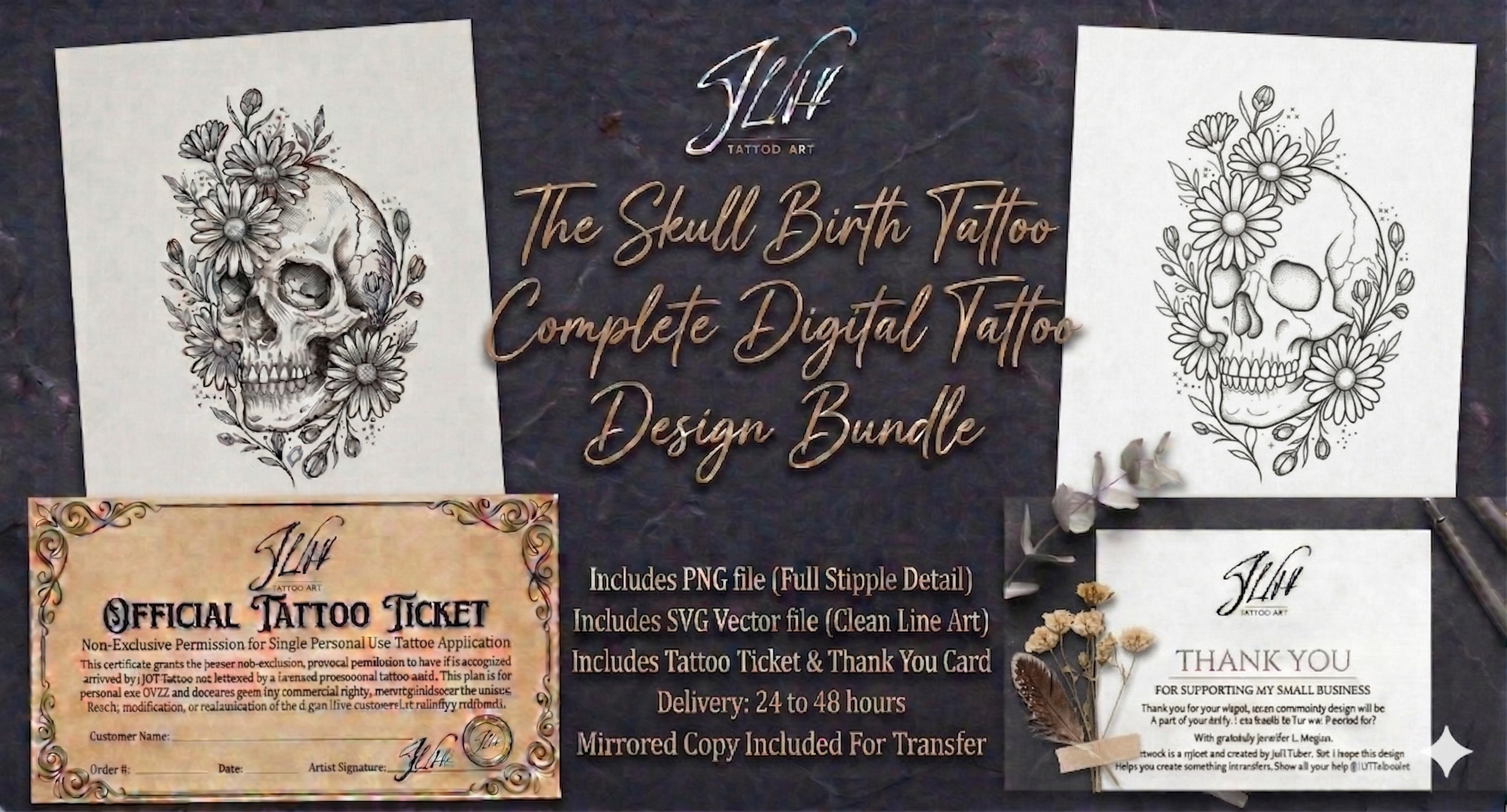 Skull Birth Flowers Tattoo | Digital Download | Personalized Skull Tattoo | Unique Skull Floral Tattoo