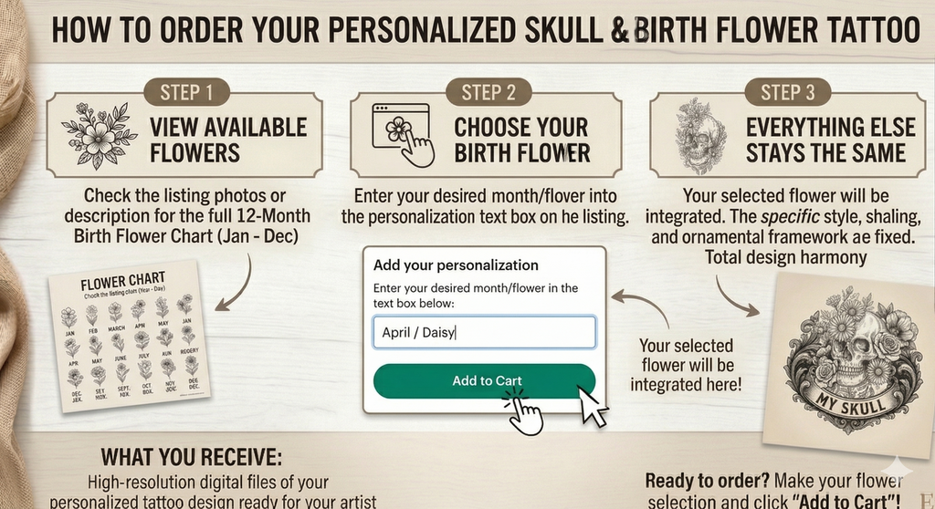 Skull Birth Flowers Tattoo | Digital Download | Personalized Skull Tattoo | Unique Skull Floral Tattoo