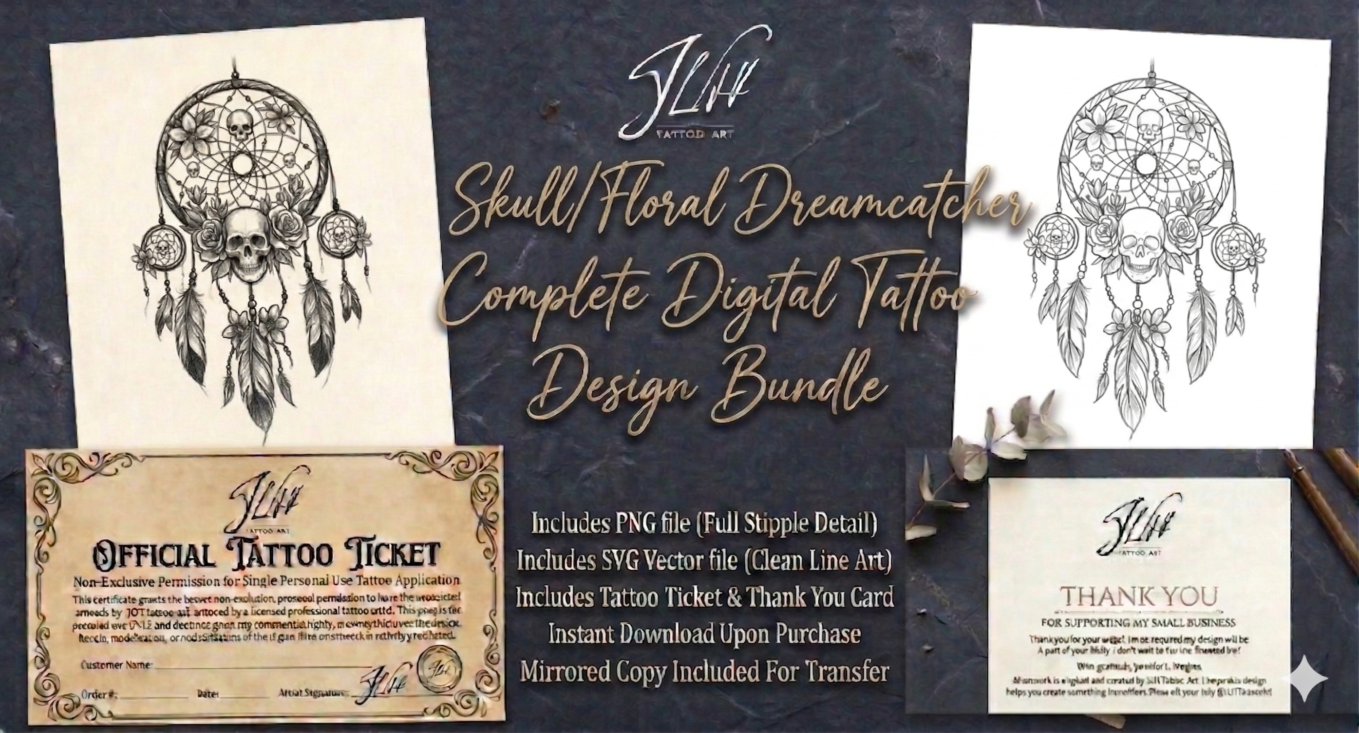 Skull Floral Dream Catcher Tattoo | Digital Download | Dream Catcher Tattoo